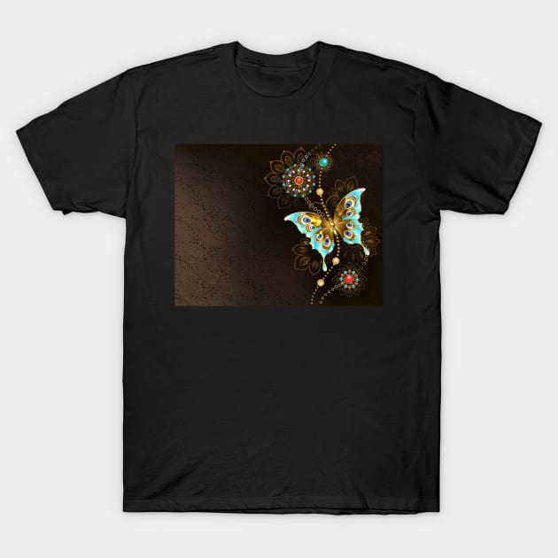 Brown Background with Turquoise Butterfly T-Shirt by Blackmoon9